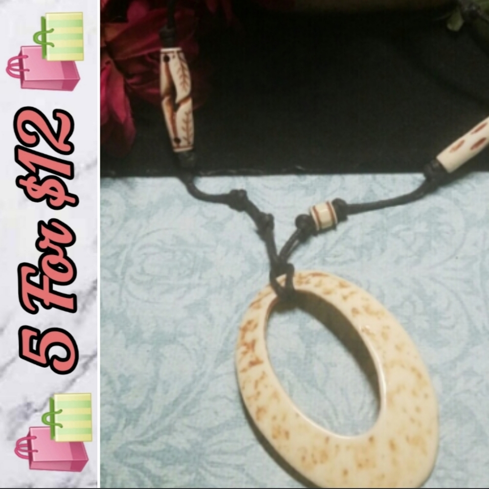 N334 Tribal Beaded Leather Corded Necklace